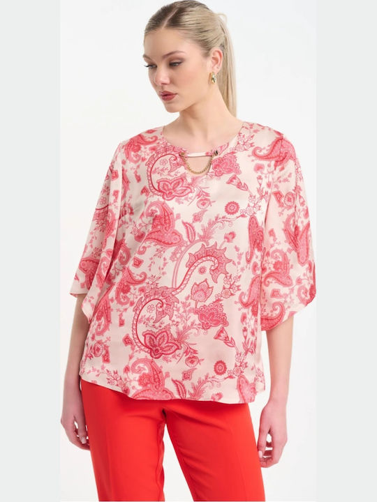 Women's Satin Blouse with 3/4 Sleeve Coral