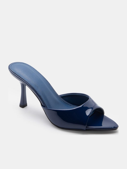 Patent Leather Mules With High Heel In Navy Blue Colour