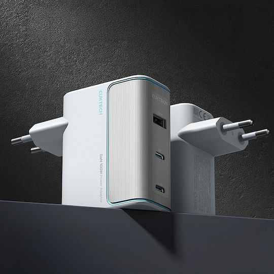 Cuktech Φορτιστής GaN με Θύρα USB-A και 2 Θύρες USB-C και Καλώδιο USB-C - USB-C 100W Λευκός (AD1003EU)