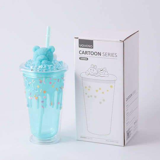 Pahar Din Plastic Albastru Cu Pai 500ml