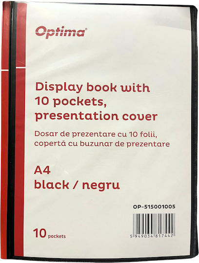 Optima Plastic Presentation Folder Customizable A4 10 Sleeves Hard Cover 500 Microns Optima Black