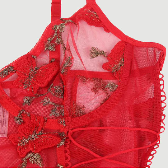 Plus Size Κόκκινο Σετ Εσώρουχα Δαντέλα & Κέντημα Butterfly Pattern Embroidery Mesh Lingerie Set Underwire Κόκκινο