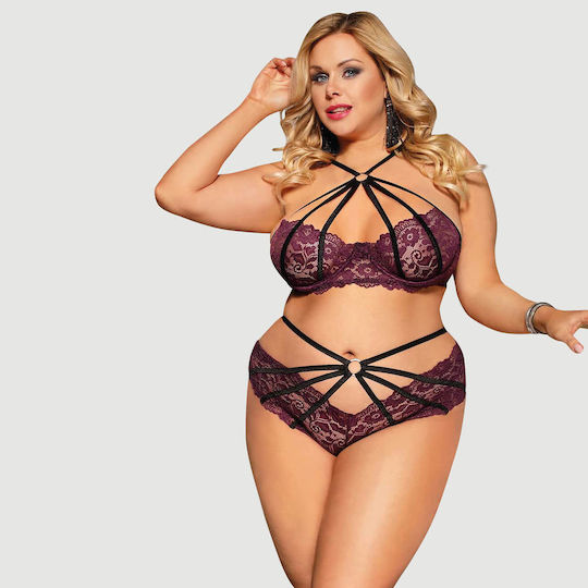 Plus Size Σετ Σουτιέν Δαντέλα & Μπανέλα Σταυρωτά Λουριά Fashion Sexy Lace Underwire Stitching Cross Straps Bra Set Μωβ