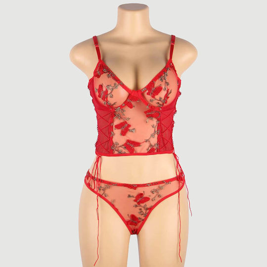Σετ Εσώρουχα Δαντέλα & Κέντημα Butterfly Pattern Embroidery Mesh Lingerie Set Underwire Κόκκινο