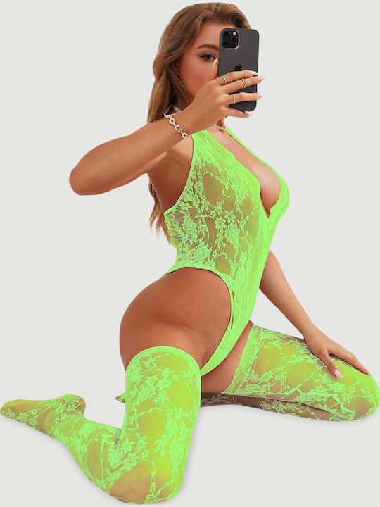 Sexy Κορμάκι Κάλτσες Halter V Neckline Lace Teddy Stockings Πράσινο