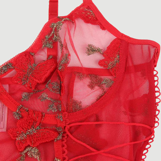 Σετ Εσώρουχα Δαντέλα & Κέντημα Butterfly Pattern Embroidery Mesh Lingerie Set Underwire Κόκκινο