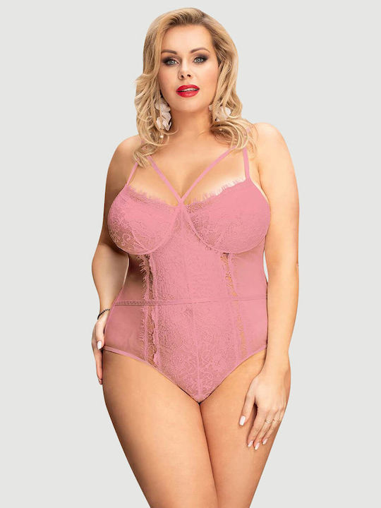 Plus Size Bodysuit Without Underwire Lace & Open Crotch Pink Lace Open Crotch Teddy Pink