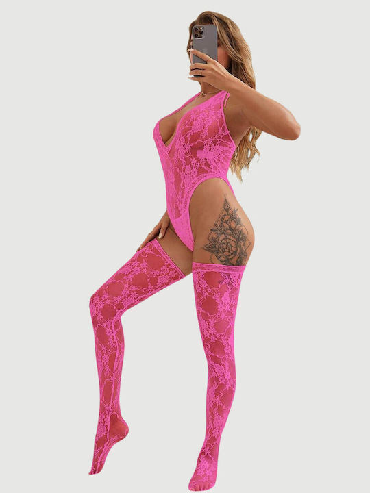 Plus Size Sexy Bodysuit Stockings Halter V Neckline Lace Teddy Stockings Pink