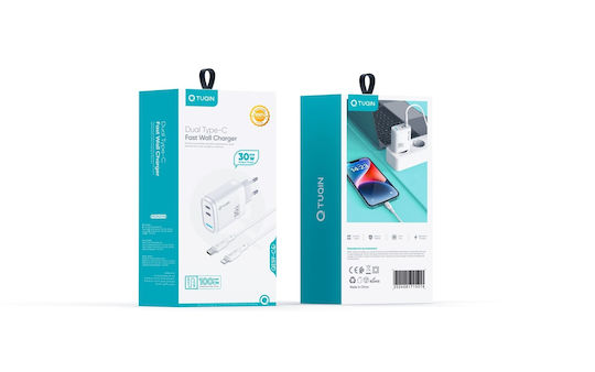 Tuqin Φορτιστής με 2 Θύρες USB-C και Καλώδιο USB-C - Lightning 30W Λευκός (QE59-C&I)