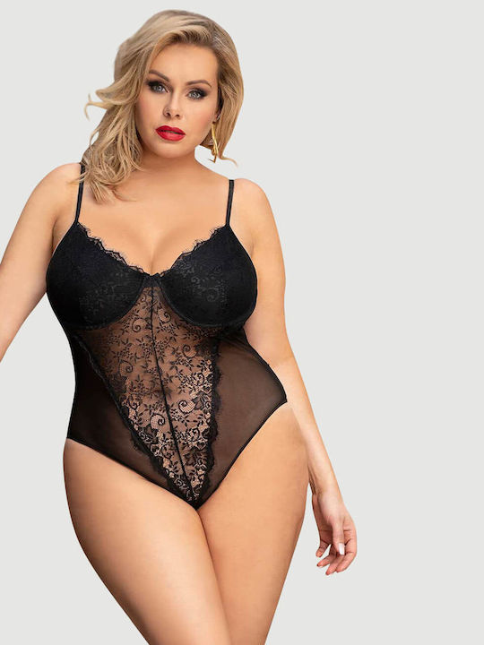 Plus Size Σέξι Κορμάκι Ανοιχτό Καβάλο & Δαντέλα Crotchless High Quality Lace Splicing Sexy Teddy Underwire Μαύρο