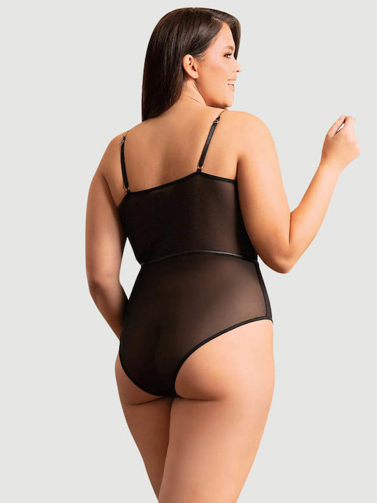 Plus Size Sexy Κορμάκι One Piece Metal Strap See Through Underwire Bodysuit Μαύρο