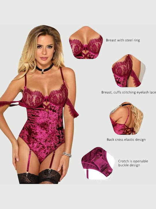 Sexy Sheer Velvet Bodysuit Lace Sleeves Sheer Lace Off Shoulder Lace Sleeves Velvet Teddy Red