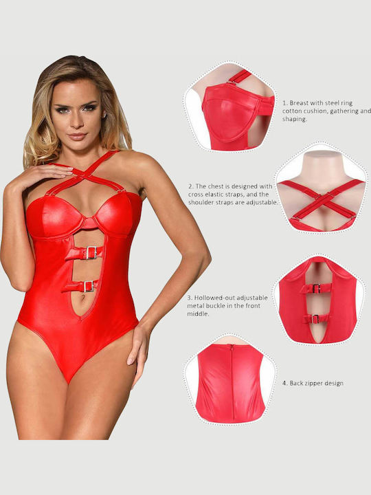 Plus Size Leather Sexy Bodysuit Plus Size Red Leather Women Sexy Teddy Red