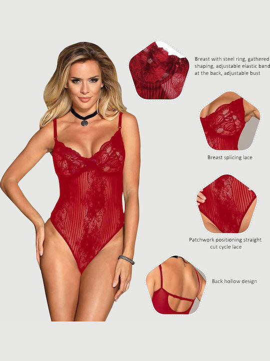 Plus Size Κορμάκι Glamour Underwire Hollywood Sheer Lace Teddy Κόκκινο