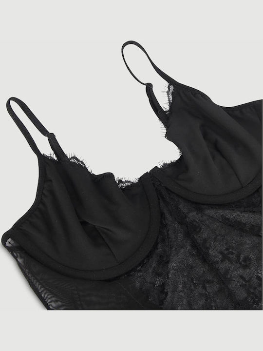 Plus Size Σέξι Κορμάκι Ανοιχτό Καβάλο & Δαντέλα Crotchless High Quality Lace Splicing Sexy Teddy Underwire Μαύρο