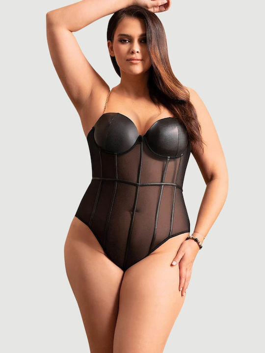 Plus Size Sexy Κορμάκι One Piece Metal Strap See Through Underwire Bodysuit Μαύρο