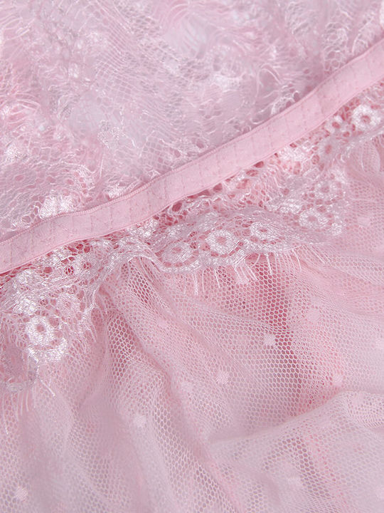 Plus Size Lace Floral Bodysuit Deep V Neck Sheer Teddy Lingerie Pink