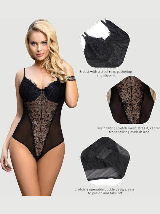 Sexy Bodysuit Open Crotch & Lace Crotchless High Quality Lace Splicing Sexy Teddy Underwire Black