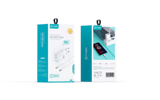 Tuqin Φορτιστής με 2 Θύρες USB-C και Καλώδιο USB-C - USB-C 30W Λευκός (QE59-C&C)