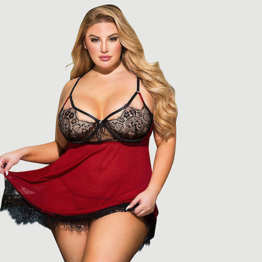 Plus Size Σέξι Διαφανές Σετ Babydoll Δαντέλα & Άνοιγμα Πλάτης Sexy Splicing Sheer Eyelash Trim Lace Back Split Babydoll Set Underwire – Κόκκινο