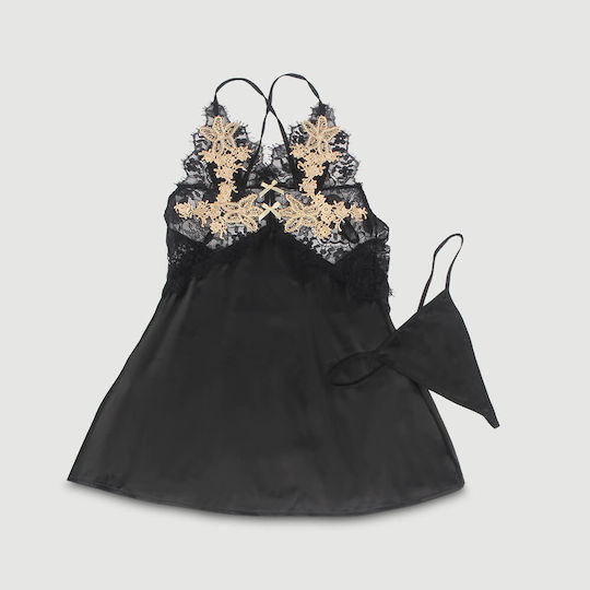 Plus Size Babydoll Crossing Straps And Details On The Back Sexy Floral Decoration Crossing Straps Back Babydoll Black