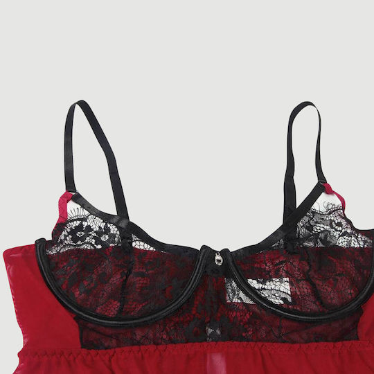 Plus Size Σέξι Διαφανές Σετ Babydoll Δαντέλα & Άνοιγμα Πλάτης Sexy Splicing Sheer Eyelash Trim Lace Back Split Babydoll Set Underwire – Κόκκινο