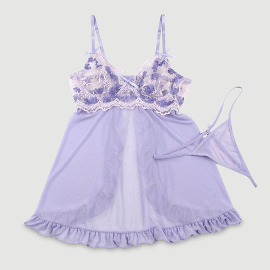 Plus Size Transparent Babydoll Back Slit Embroidery Transparent Mesh Babydoll Purple