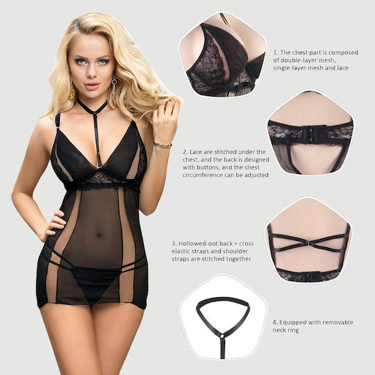 Plus Size Ελκυστικό Babydoll Δαντέλα & Κρεμαστό Λαιμό Elegant Lace Hanging Neck Perspective Sexy Babydoll Μαύρο
