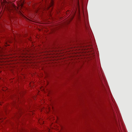 Plus Size Babydoll Garter Underwire Mesh Stitching Dark Red Lace Red