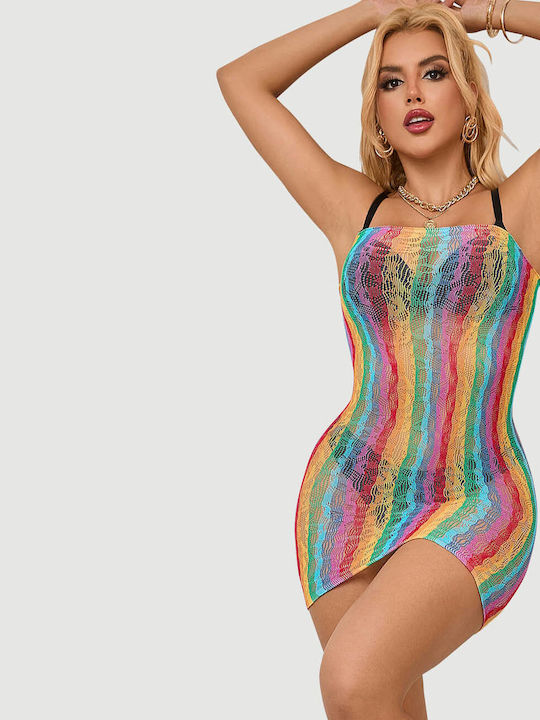 Ολόσωμο Δίχτυ Ανοιχτούς Ώμους Rainbow Colorful Off Shoulder Sleeveless Fishnet Bodystocking Πολύχρωμο