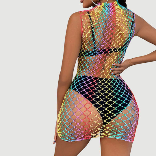 Fishnet Dress High Collar Sleeveless Fishnet Bodystocking Dress Multicolour