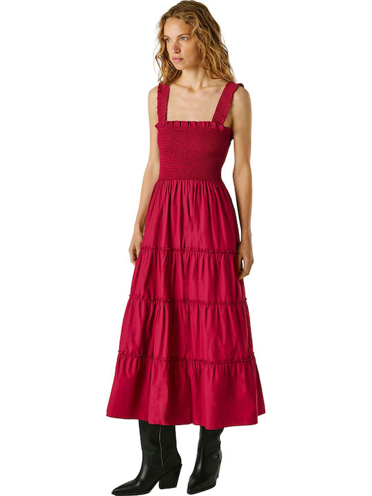 Summer Midi Dress with Ruffles Cranberry Pink