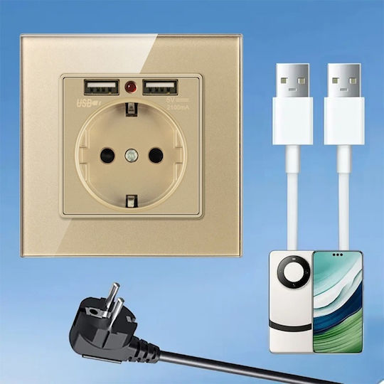 Μονή Πρίζα Ρεύματος με 2 Θύρες USB Χρυσή