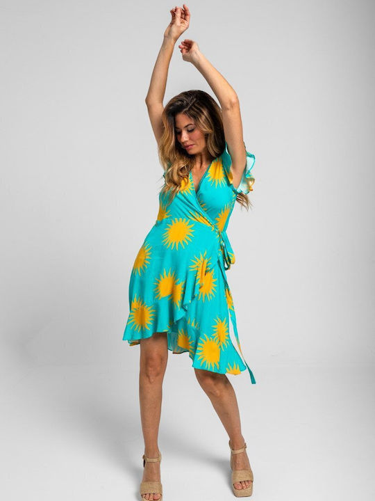 Summer Mini Dress with Ruffles Turquoise