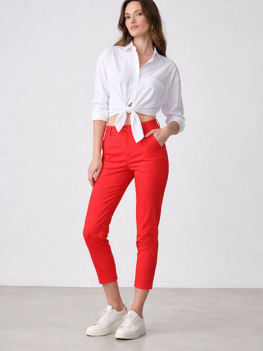Pantaloni Dama Capri Din Țesătură Roșii