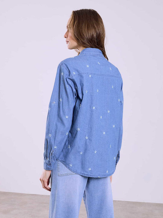 Celestino Γυναικείο Πουκάμισο Denim Λουλούδια Loose Fit Μπλε Celestino Γυναικείο Πουκάμισο Denim Λουλούδια Loose Fit Μπλε