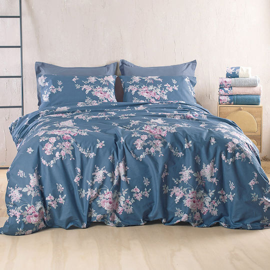 Rythmos Springtime Nova Bed Sheets Set King Size With Rubber Hugger 230x260+25cm Navy Blue 4 Pieces