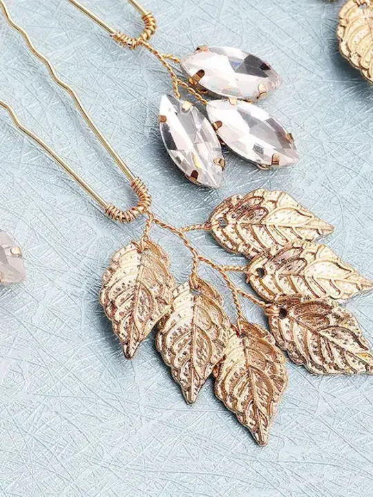 «golden Touch» Σετ 6 Φουρκέτες Κρύσταλλα Μεταλλικά Φυλλαράκια Αποχρώσεις Του Χρυσού