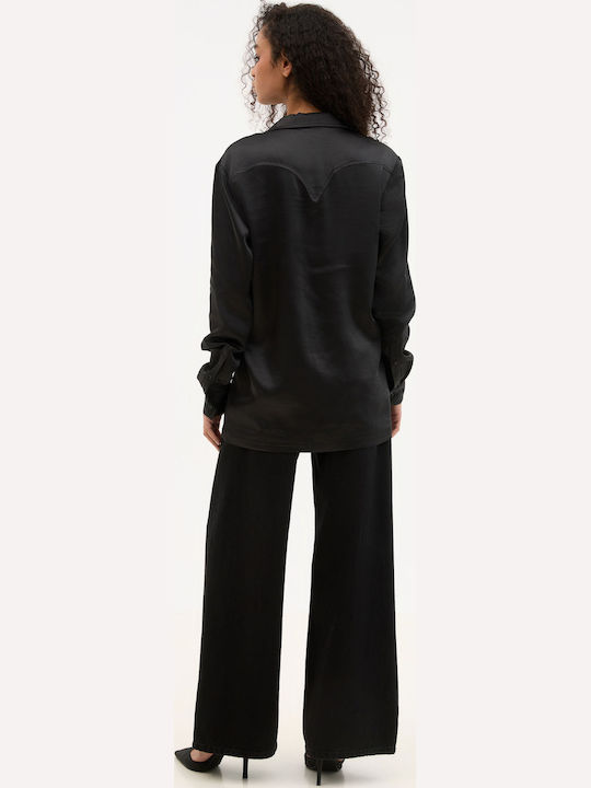 Long Sleeve Women's Satin Shirt Black