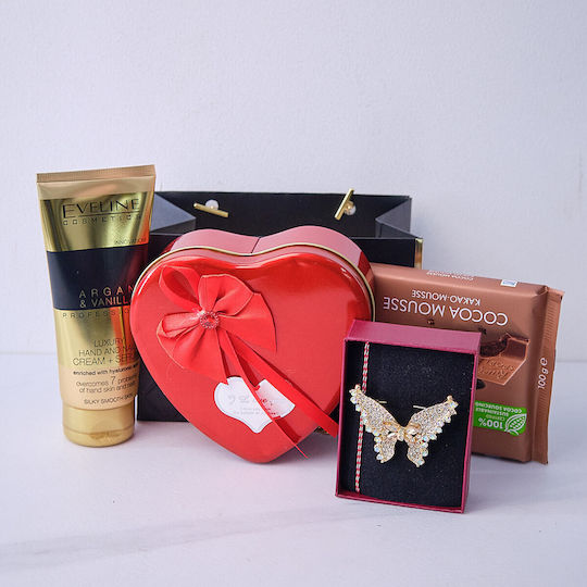 Tenderness Gift Set Butterfly Martisor Brooch Eveline Arganandvanilla Hand Cream Ritter Sport Cacao Mousse Chocolate Metal Box Soap Roses Teddy Bear Plus In Elegant Handbag-style Bag Red