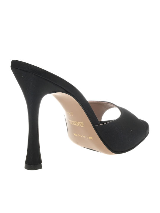 Satin Mules with Thin High Heel in Black Color