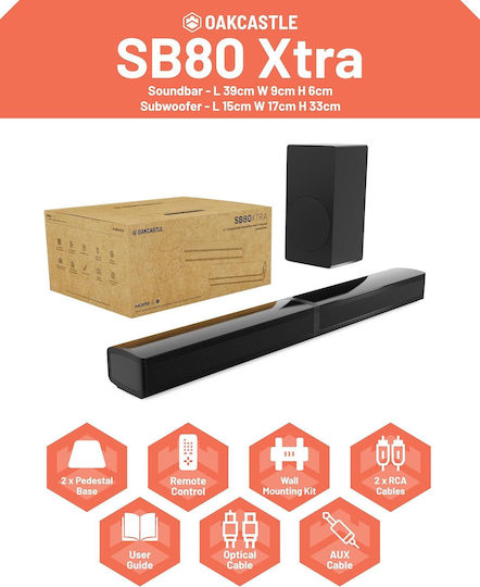 Majority SB80 Xtra Split Soundbar 2.1 Bluetooth și HDMI 200W cu Subwoofer Wireless și Telecomandă Negru
