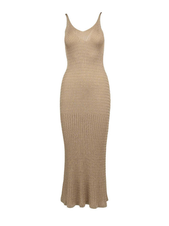 Summer Midi Evening Dress with Mesh Beige