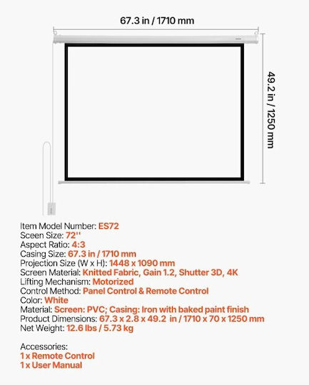 Vevor Electric Projection Screen for Projector for Wall/Ceiling with 4:3 Aspect Ratio / 72"