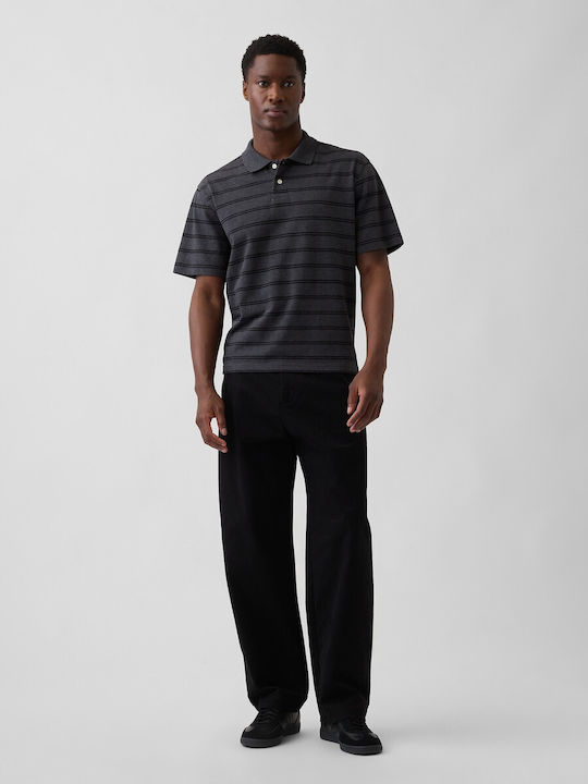 Polo Herrenbluse Kurzarm Grau/Schwarz Streifen