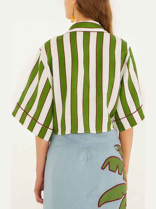 Women's Summer Crop Linen Striped Top Green