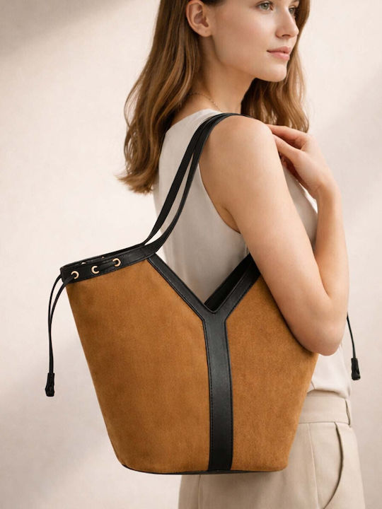Gallantry Modern Tote Bag Women Suede-like Appearance Side Drawstring Brown Beige
