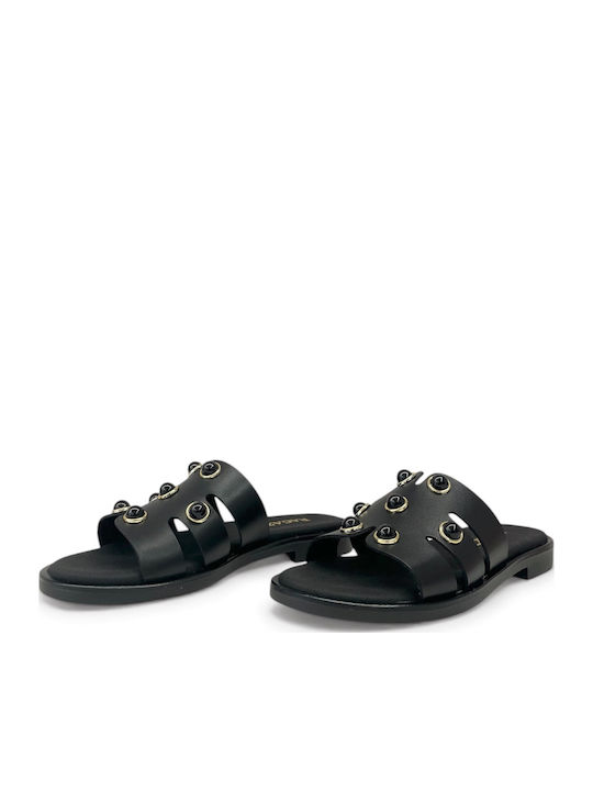 Leder Flache Damen Sandalen Schwarz