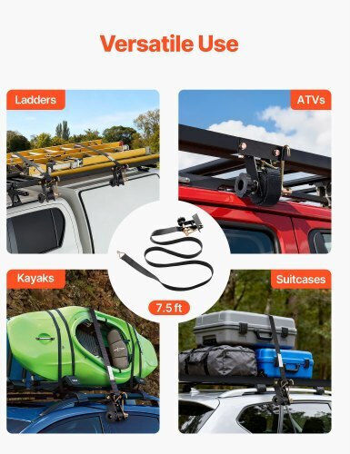 Vevor Ladder Rack Ratchet Straps Black Square Tube Mount 38 Mm Wide X 2.25 M Long Black Ladder Rack Straps Double J-hooks 226.8 Kg Load Heavy Duty Cargo Buckle Lock Strap 2 Pack