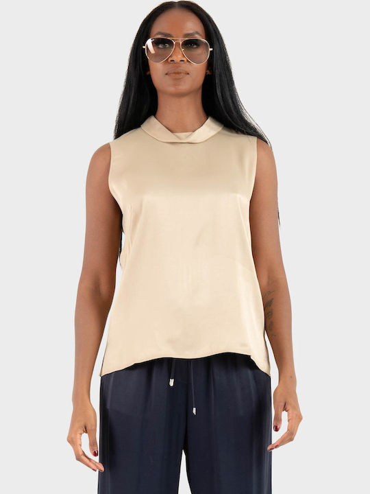 Women's Blouse Satin Sleeveless Beige
